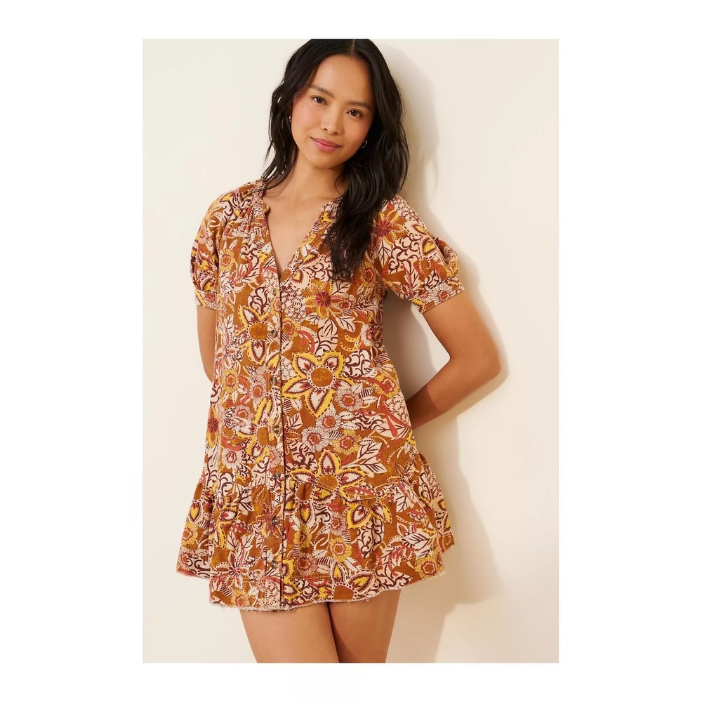 Pilcro Floral Paisley Mini Dress Cotton Linen Button Front Puff Sleeve XXS